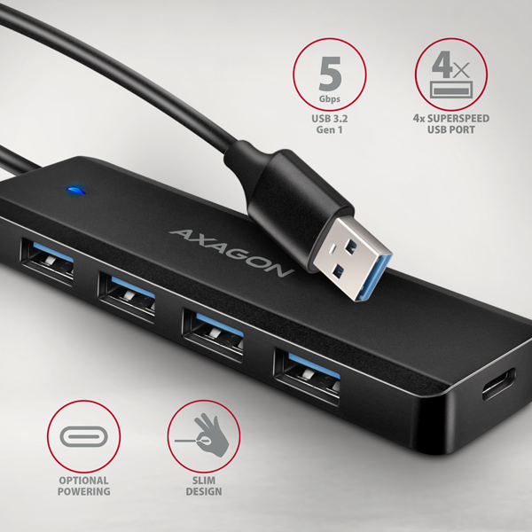 AXAGON HUE-C1A, 4x USB 5Gbps TRAVEL hub, USB-C napájací konektor, kábel USB-A 19cm 