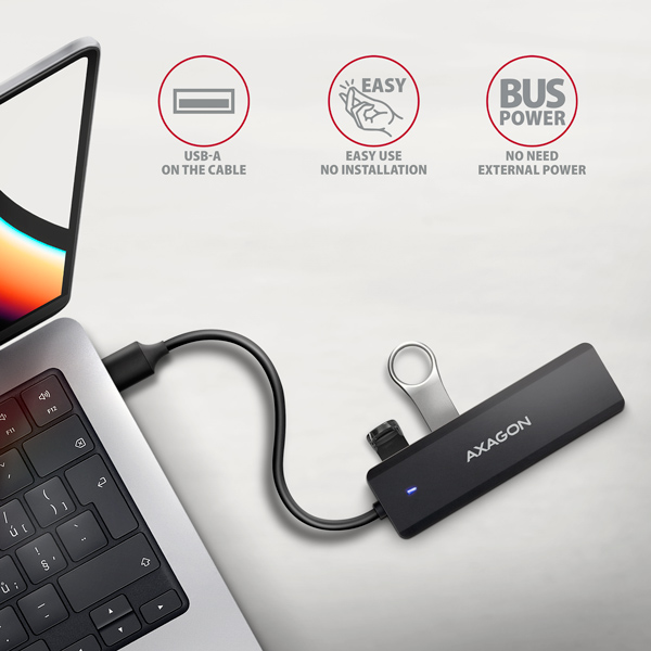 AXAGON HUE-C1A, 4x USB 5Gbps TRAVEL hub, USB-C napájací konektor, kábel USB-A 19cm 