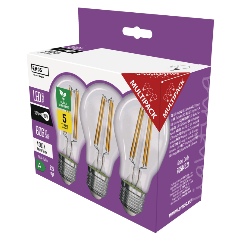 LED žiarovka A60/ E27/ 3, 8W/ 60W/ 806lm/ neutrálna biela, 3ks