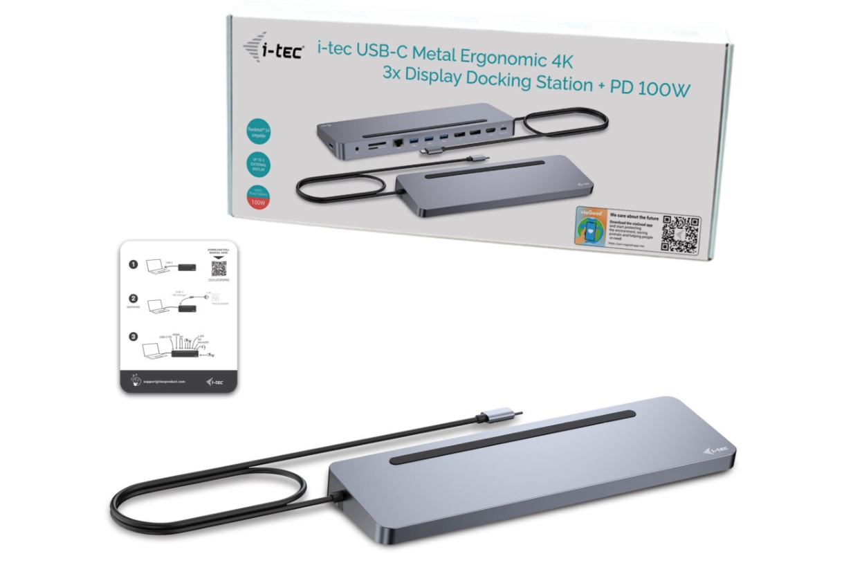 i-tec USB-C Metal Ergonomic 3x 4K Display Docking Station, Power Delivery 100 W 