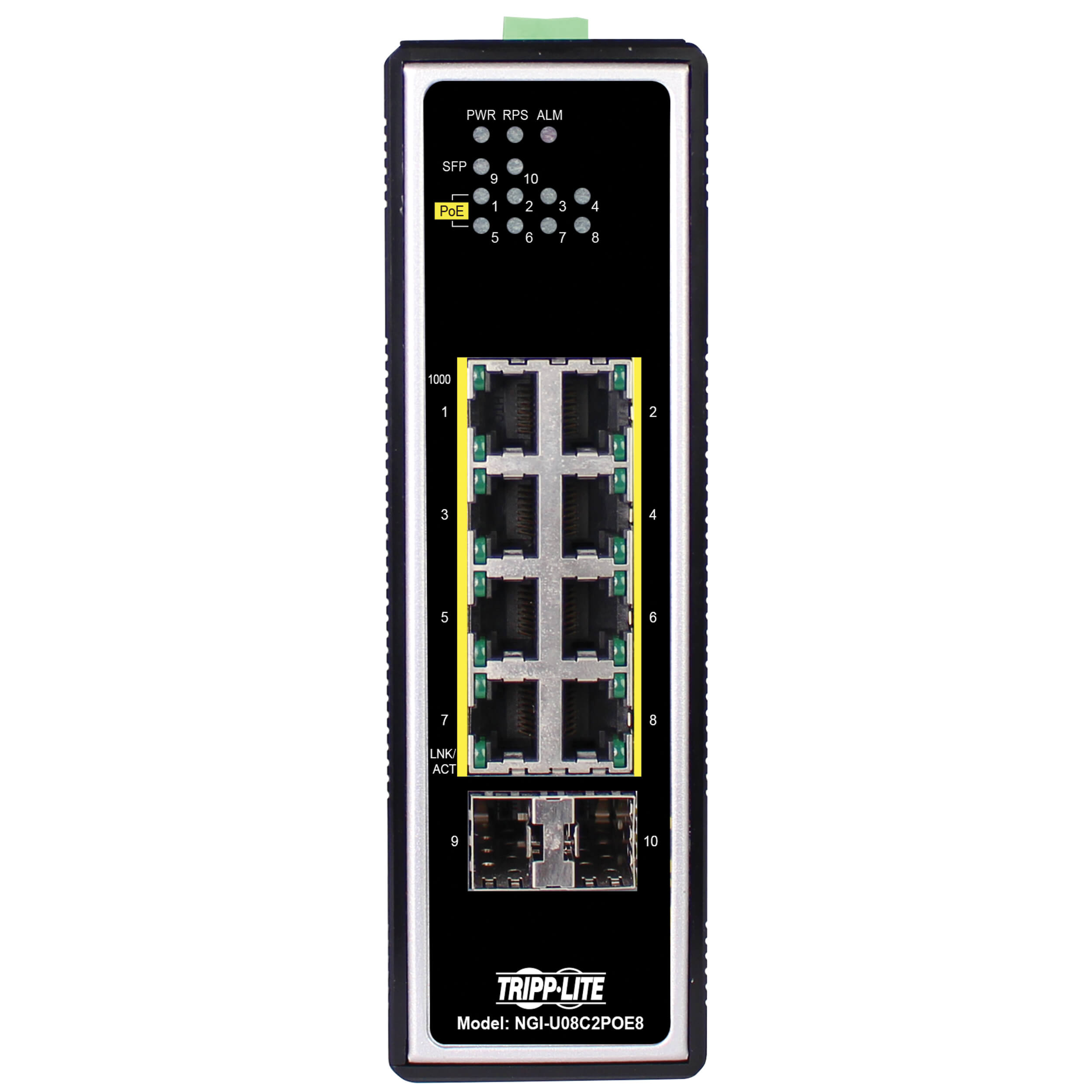 Tripplite Přepínač 8xzdroj Unmanaged Ethernet Switch, 10/ 100/ 1000Mb/ s, 2GbE SFP, PoE+30W, -40°+75°C, DIN 