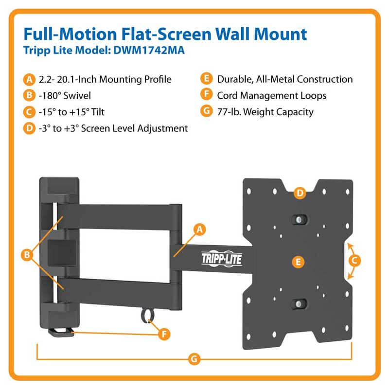 Tripplite Držiak pre televízory a monitory 13"…27" na stenu, otočný a sklopný, s ramenom 