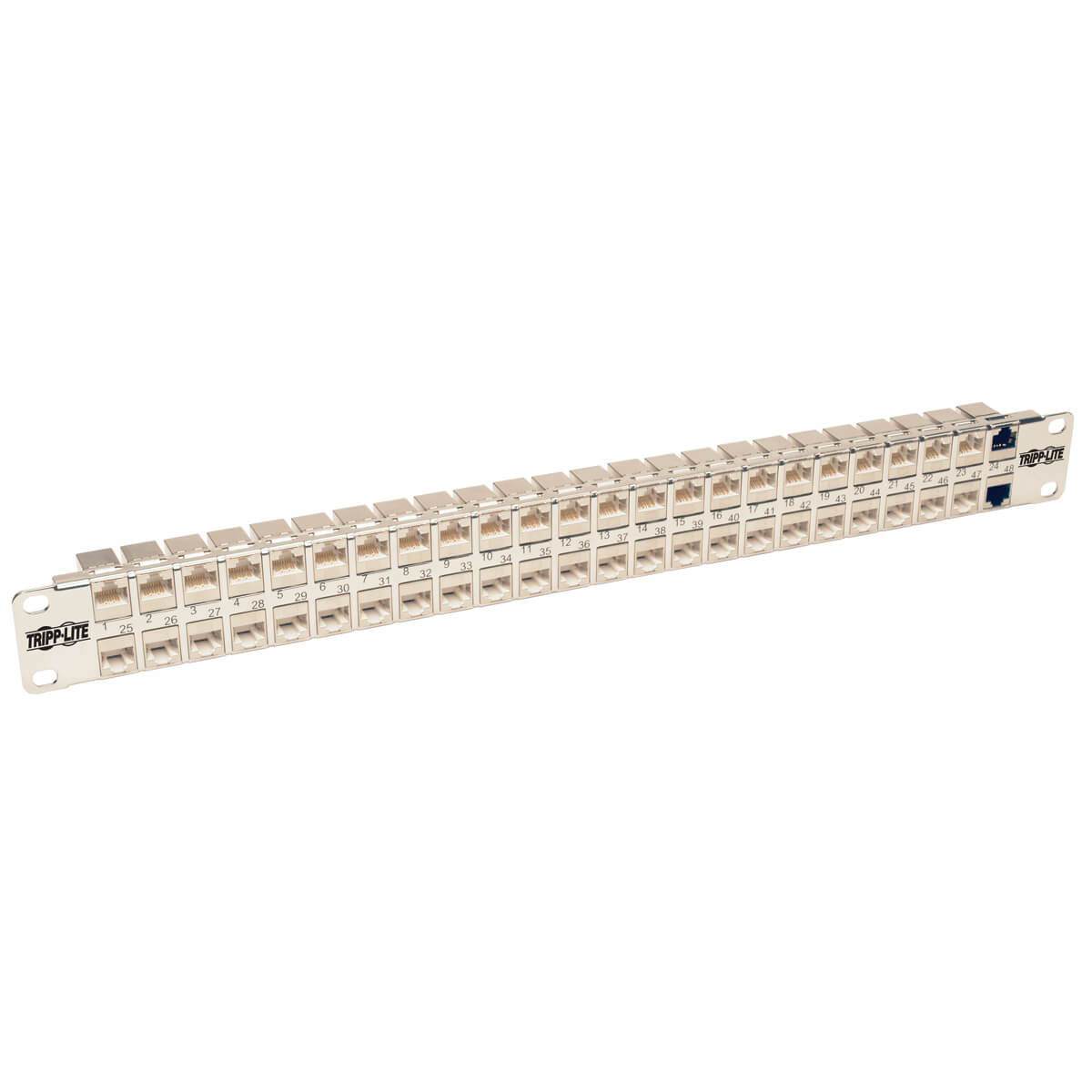 Tripplite Patch panel priechodný STP tienený pre montáž do racku 1U, 48x Cat6a, RJ45 Ethernet