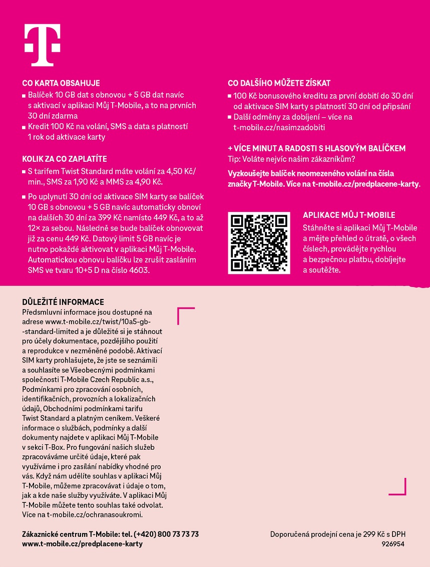 T-mobile Predplatená karta 15GB 