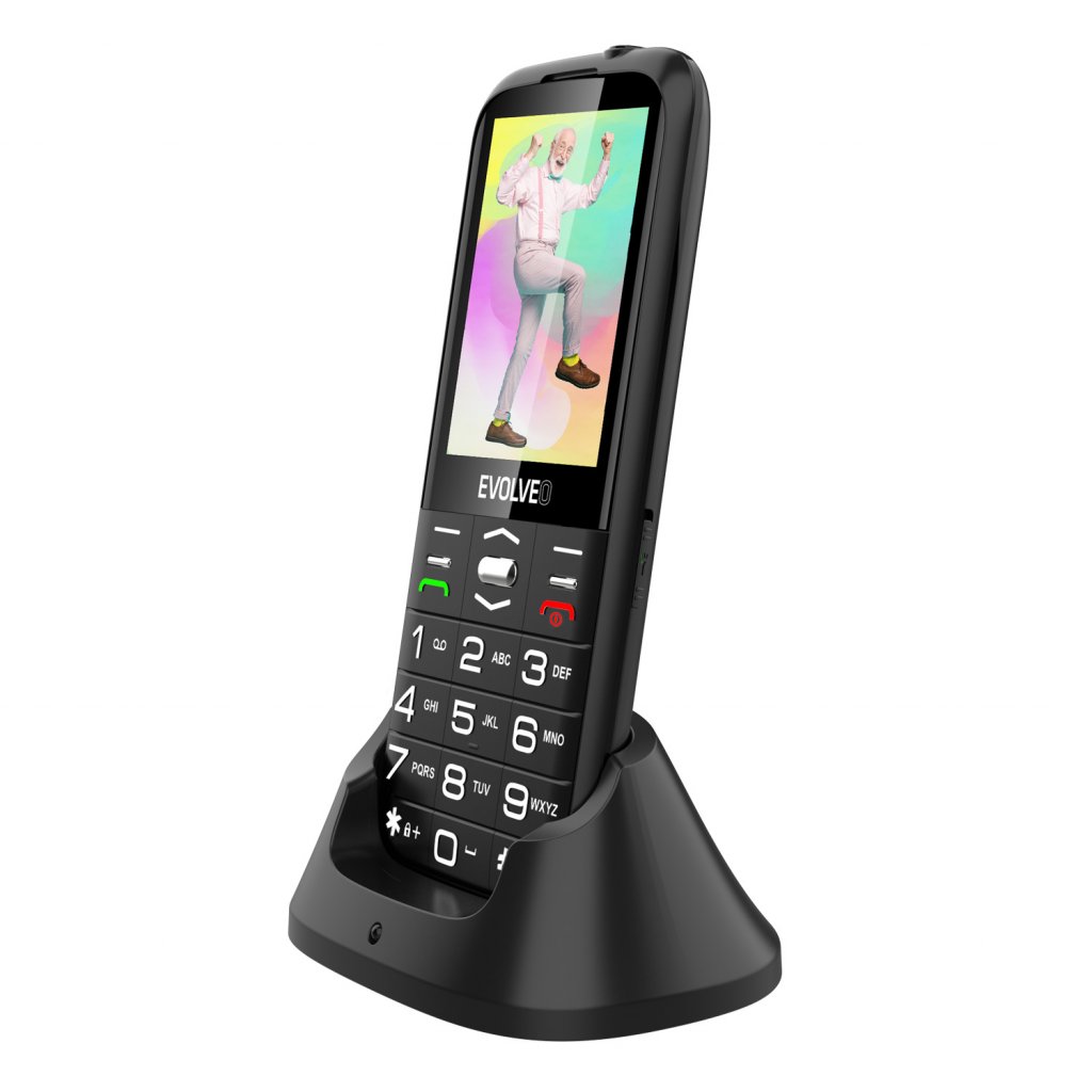 EVOLVEO EasyPhone XO, mobilný telefón pre seniorov s nabíjacím stojanom (čierna farba) 