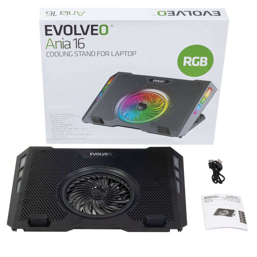 EVOLVEO Ania 16, chladiaca podložka pod notebook, 5x ventilátor, RGB podsvietenie 