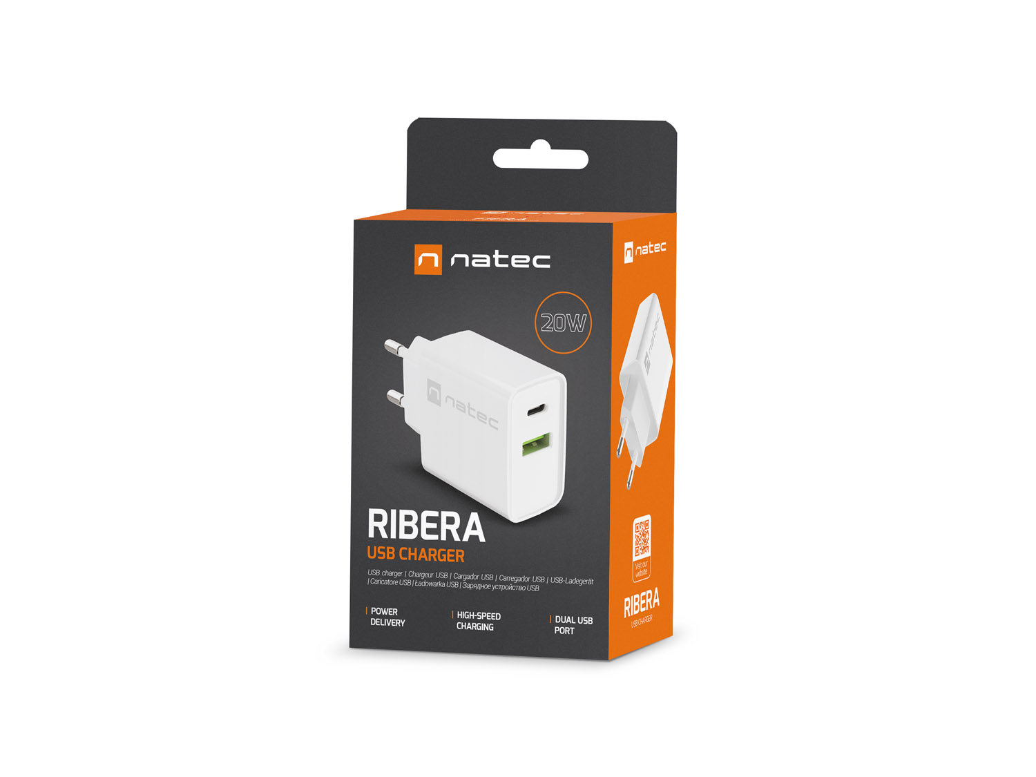 Univerzálna nabíjačka Natec RIBERA 20W 1X USB-A + 1X USB-C, biela 