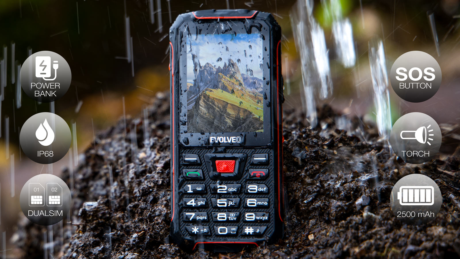 EVOLVEO StrongPhone W4, IP68 odolný Dual SIM telefón, 2, 8" LCD, 2500mAh, Powerbanka, čierno-červený 