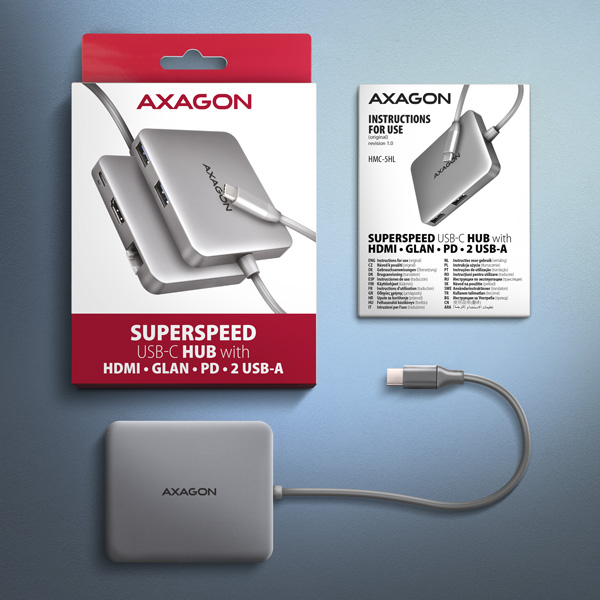 AXAGON HMC-5HL, USB 5Gbps hub, 2x USB-A, HDMI 4k/ 60Hz, RJ-45 GLAN, PD 100W, kábel USB-C 20cm 