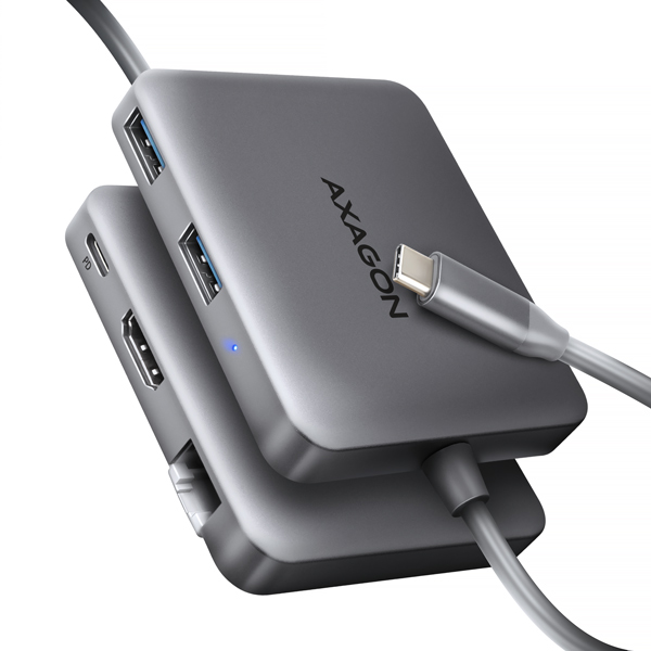 AXAGON HMC-5HL, USB 5Gbps hub, 2x USB-A, HDMI 4k/ 60Hz, RJ-45 GLAN, PD 100W, kábel USB-C 20cm