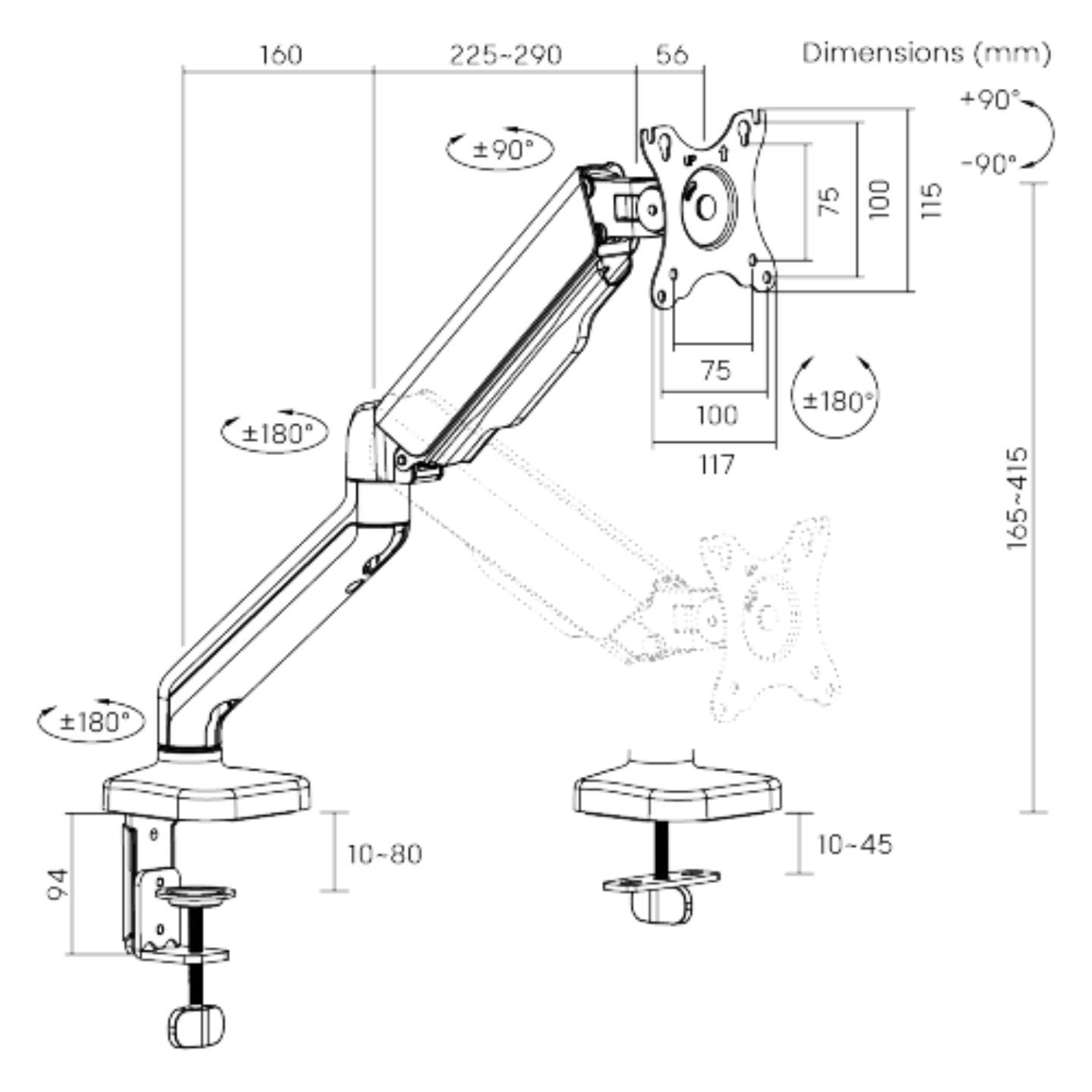 Držák monitoru Brateck LDT46-C012E jedno rameno mechanická pružina 