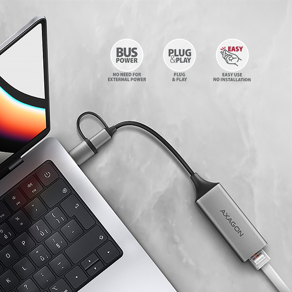 AXAGON ADE-TXCA, USB-C + USB-A 3.2 Gen 1 - Gigabit Ethernet sieťová karta, Asix AX88179, auto inštal 