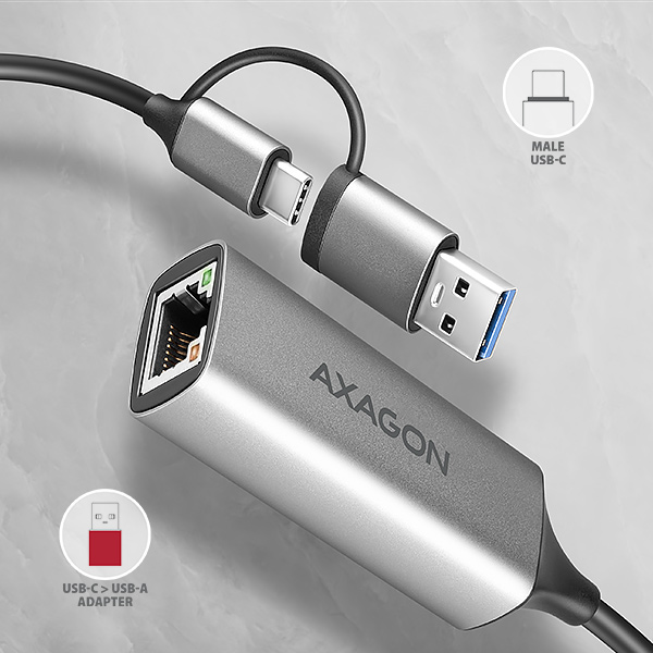 AXAGON ADE-TXCA, USB-C + USB-A 3.2 Gen 1 - Gigabit Ethernet sieťová karta, Asix AX88179, auto inštal 