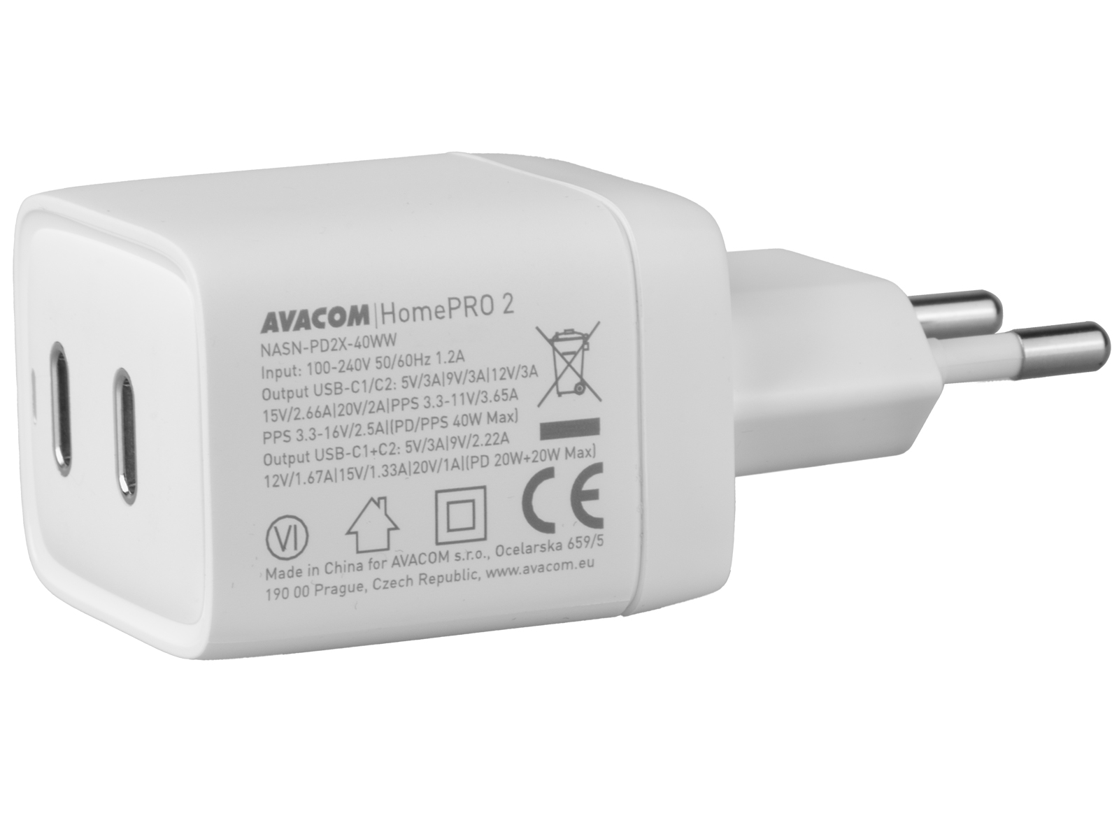 AVACOM HomePRO 2 sieťová nabíjačka s Power Delivery 40W s dvoma USB-C výstupmi 