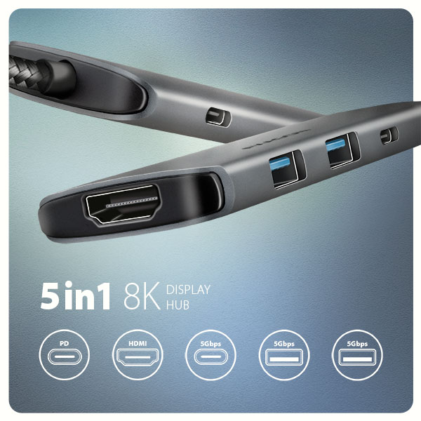 AXAGON HMC-5H8K, USB 5Gbps hub, 2x USB-A, USB-C, HDMI 8k/ 30Hz, PD 100W, kábel USB-C 15cm 