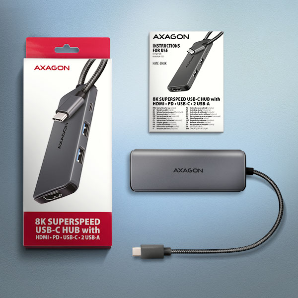 AXAGON HMC-5H8K, USB 5Gbps hub, 2x USB-A, USB-C, HDMI 8k/ 30Hz, PD 100W, kábel USB-C 15cm 