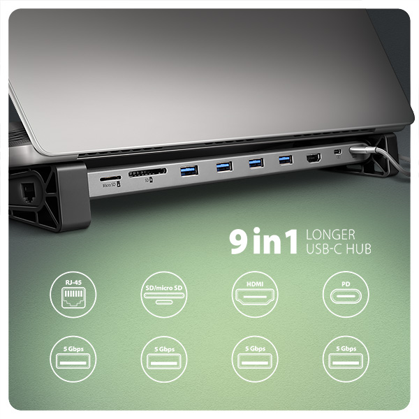 AXAGON HMC-10HLS, USB 5Gbps hub, 4x USB-A, HDMI 4k/ 60Hz, RJ-45 GLAN, SD/ mSD, PD 100W, kábel 25cm 