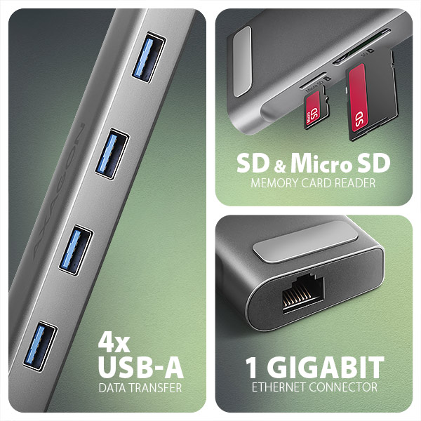 AXAGON HMC-10HLS, USB 5Gbps hub, 4x USB-A, HDMI 4k/ 60Hz, RJ-45 GLAN, SD/ mSD, PD 100W, kábel 25cm 