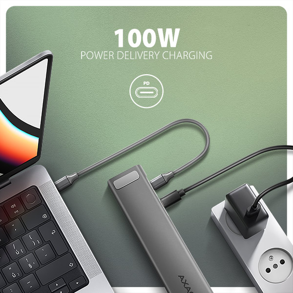 AXAGON HMC-10HLS, USB 5Gbps hub, 4x USB-A, HDMI 4k/ 60Hz, RJ-45 GLAN, SD/ mSD, PD 100W, kábel 25cm 
