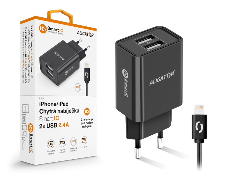 Múdra sieťová nabíjačka ALIGATOR 2, 4A, 2xUSB, smart IC, čierna, USB kábel pre iPhone / iPad