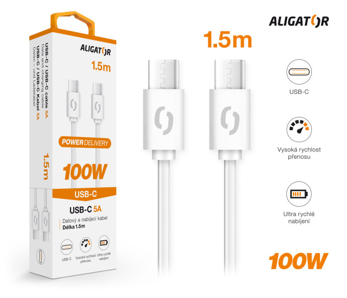 Dátový kábel ALIGATOR POWER 100W, USB-C/ USB-C 5A, 1, 5m biely 