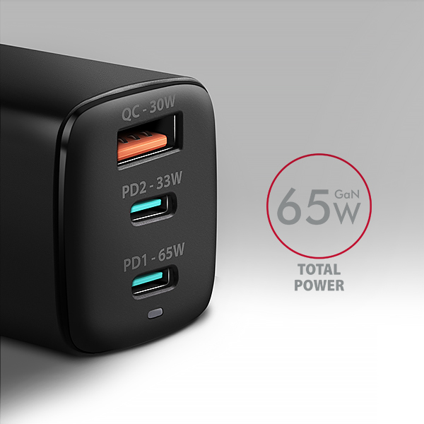 AXAGON ACU-DPQ65, GaN nabíjačka do siete 65W, 3x port (USB-A + dual USB-C), PD3.0/ QC4+/ PPS/ Apple 
