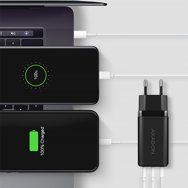 AXAGON ACU-DPQ65, GaN nabíjačka do siete 65W, 3x port (USB-A + dual USB-C), PD3.0/ QC4+/ PPS/ Apple 