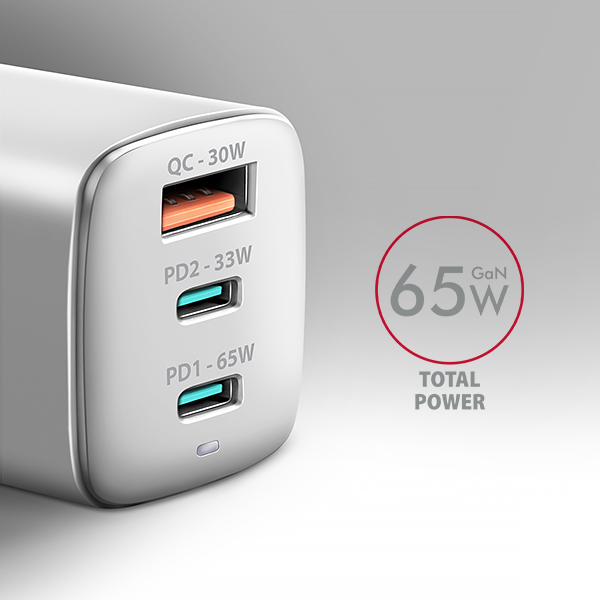 AXAGON ACU-DPQ65W, GaN nabíjačka do siete 65W, 3x port (USB-A + dual USB-C), PD3.0/ QC4+/ PPS/ Apple 