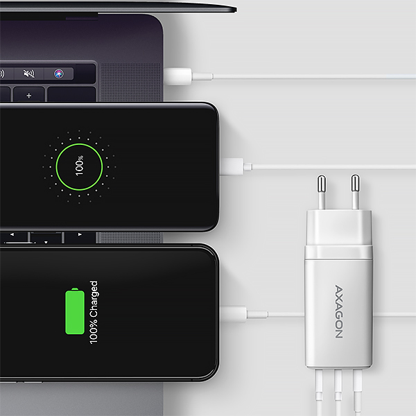 AXAGON ACU-DPQ65W, GaN nabíjačka do siete 65W, 3x port (USB-A + dual USB-C), PD3.0/ QC4+/ PPS/ Apple 