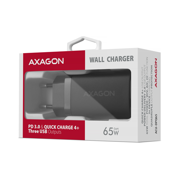 AXAGON ACU-DPQ65, GaN nabíjačka do siete 65W, 3x port (USB-A + dual USB-C), PD3.0/ QC4+/ PPS/ Apple 