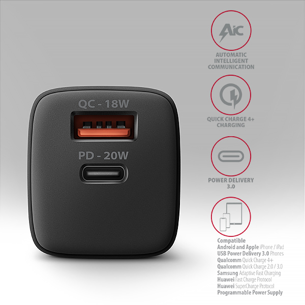 AXAGON ACU-PQ20 nabíjačka do siete 20W, 2x port (USB-A + USB-C), PD3.0/ PPS/ QC4+/ AFC/ Apple, čierna 
