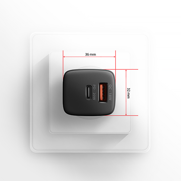 AXAGON ACU-PQ20 nabíjačka do siete 20W, 2x port (USB-A + USB-C), PD3.0/ PPS/ QC4+/ AFC/ Apple, čierna 