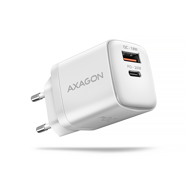 AXAGON ACU-PQ20W nabíjačka do siete 20W, 2x port (USB-A + USB-C), PD3.0/ PPS/ QC4+/ AFC/ Apple, biela