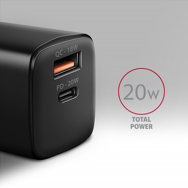 AXAGON ACU-PQ20 nabíjačka do siete 20W, 2x port (USB-A + USB-C), PD3.0/ PPS/ QC4+/ AFC/ Apple, čierna 
