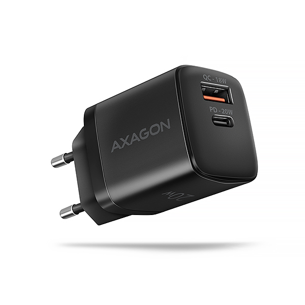 AXAGON ACU-PQ20 nabíjačka do siete 20W, 2x port (USB-A + USB-C), PD3.0/ PPS/ QC4+/ AFC/ Apple, čierna