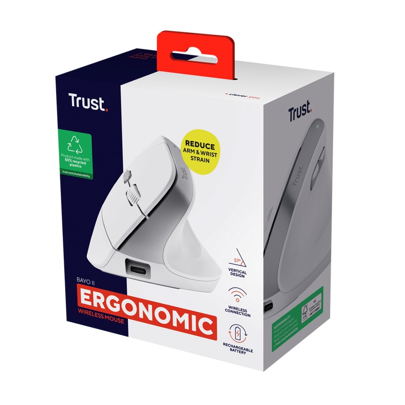 Trust Bayo II/ Vertikálna/ Optická/ Pre pravákov/ 2 400 DPI/ Bezdrôtová USB/ Biela 