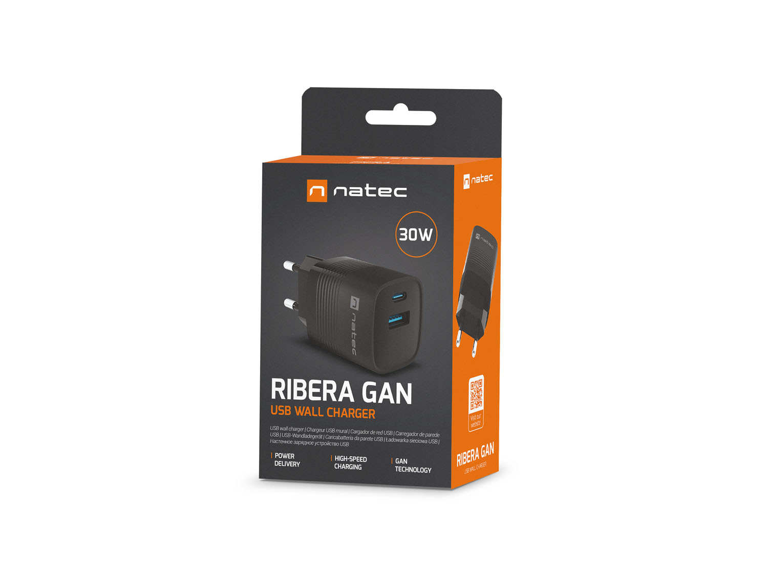 Univerzální USB nabíječka Natec RIBERA GaN 30 W, 1X USB-A, 1X USB-C, černá 