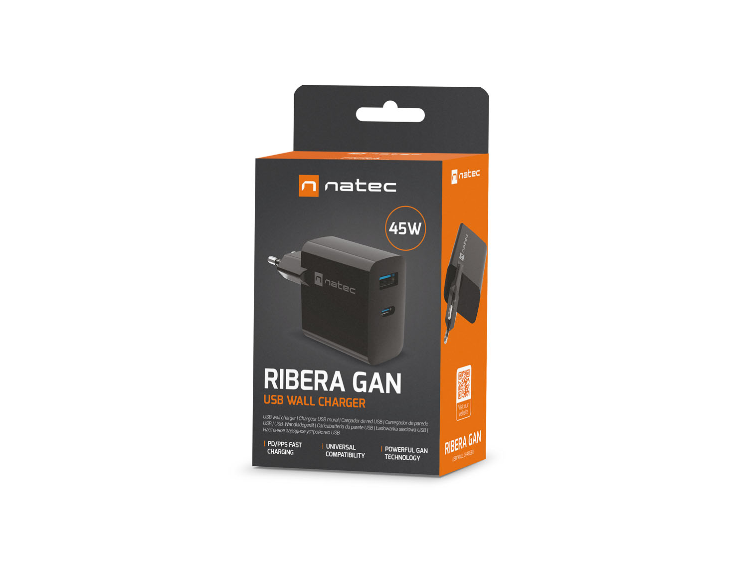 Univerzálna USB nabíjačka Natec RIBERA GaN 45W, 1X USB-A, 1X USB-C, čierna 