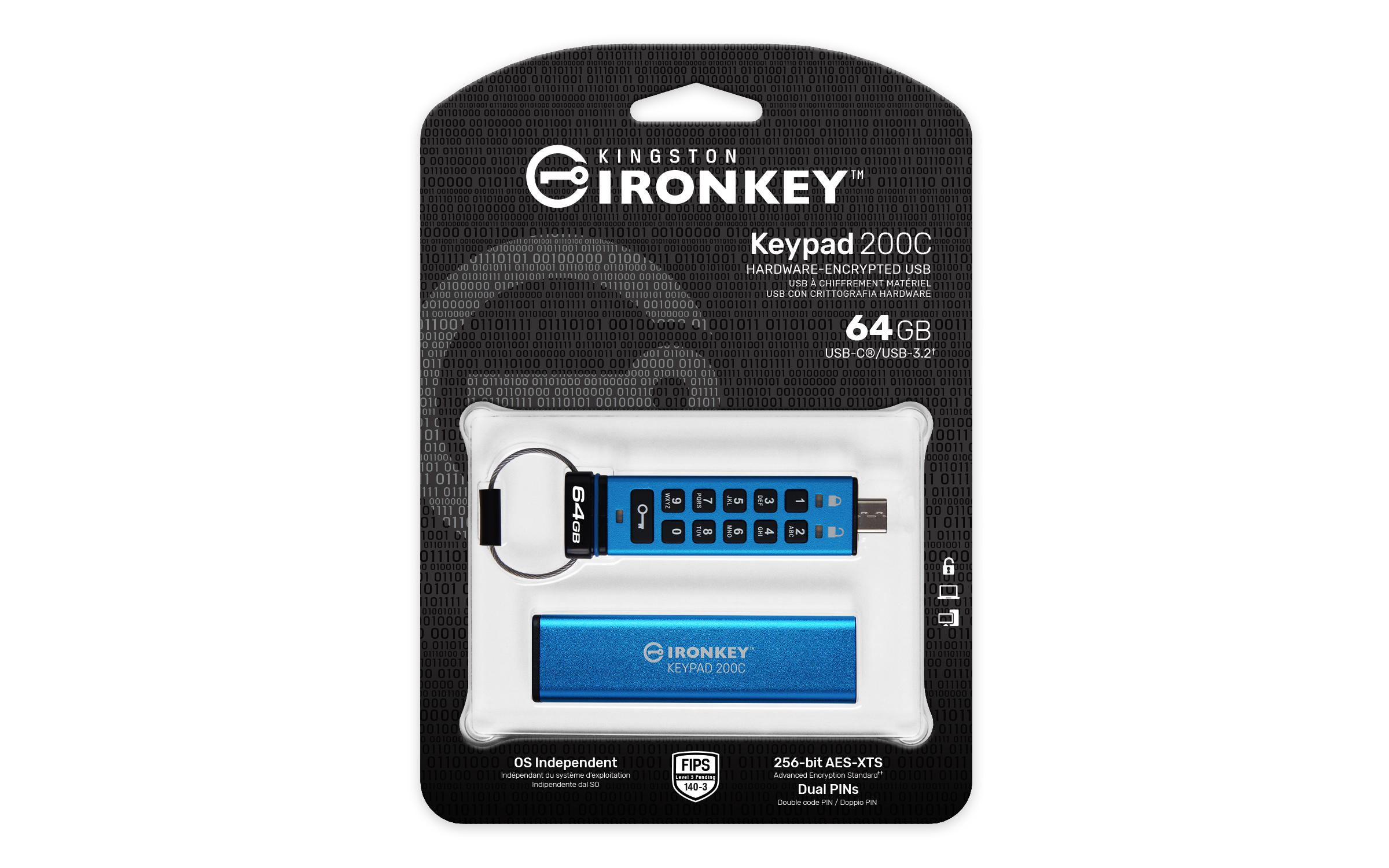 Kingston Ironkey Keypad 200C/ 64GB/ 280MBps/ USB 3.0/ USB-C/ Modrá 