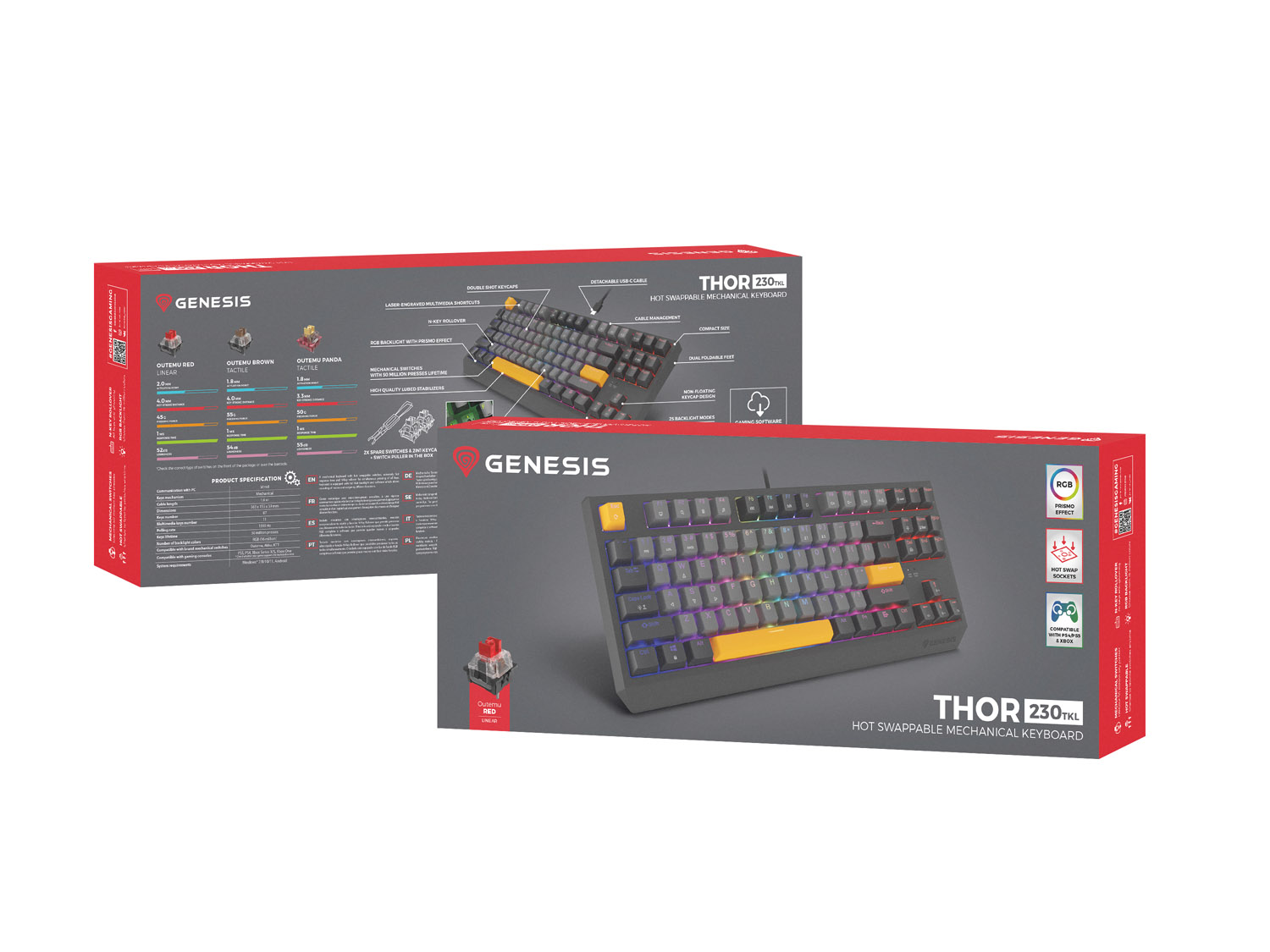 Genesis herní klávesnice THOR 230/ TKL/ RGB/ Outemu Red/ Drátová USB/ US layout/ Anchor Negative Šedá 