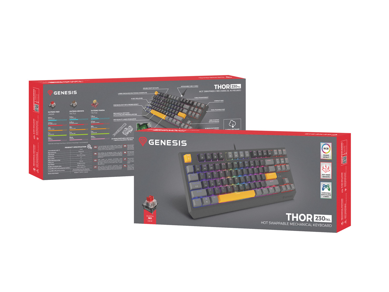 Genesis herná klávesnica THOR 230/ TKL/ RGB/ Outemu Red/ Drôtová USB/ US layout/ Anchor Positive Šedá 