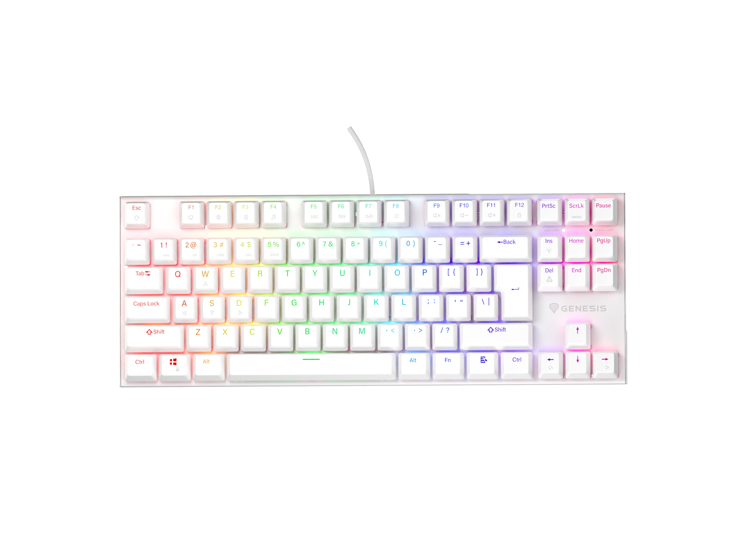 Genesis tichá herní klávesnice THOR 303/ TKL/ RGB/ Outemu Peach Silent/ Drátová USB/ US layout/ Bílá