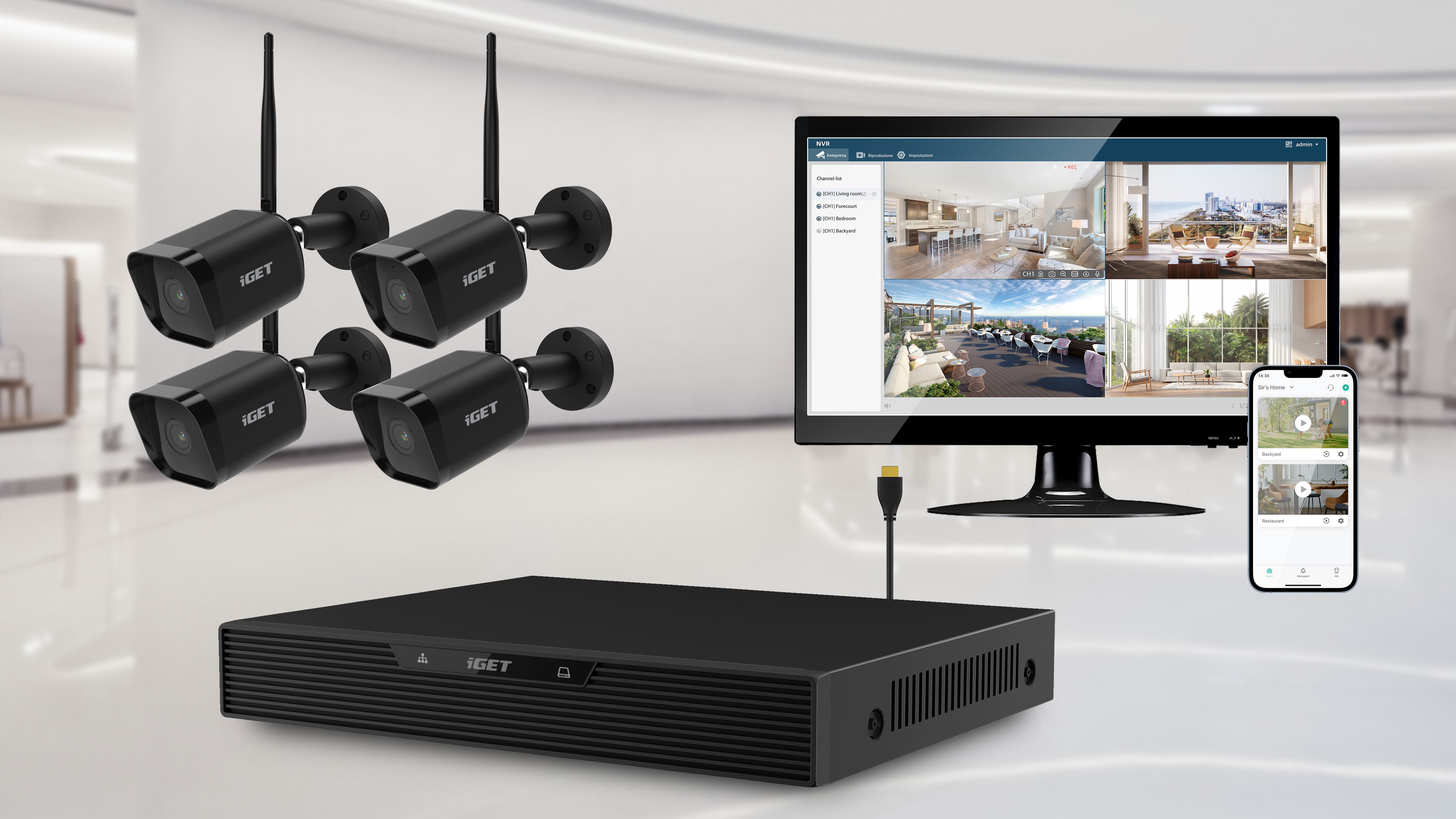 iGET HOME NVR N4C4 - CCTV bezdrátový Wi-Fi set FullHD 1080p, 4CH NVR + 4x kamera 1080p se zvukem 