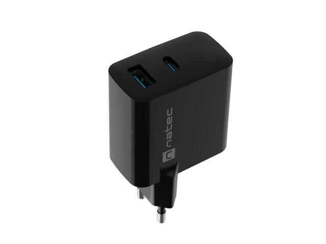 Univerzálna USB nabíjačka Natec RIBERA GaN 65W, 1X USB-A, 1X USB-C, Čierna 
