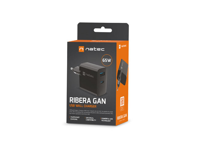 Univerzálna USB nabíjačka Natec RIBERA GaN 65W, 1X USB-A, 1X USB-C, Čierna 
