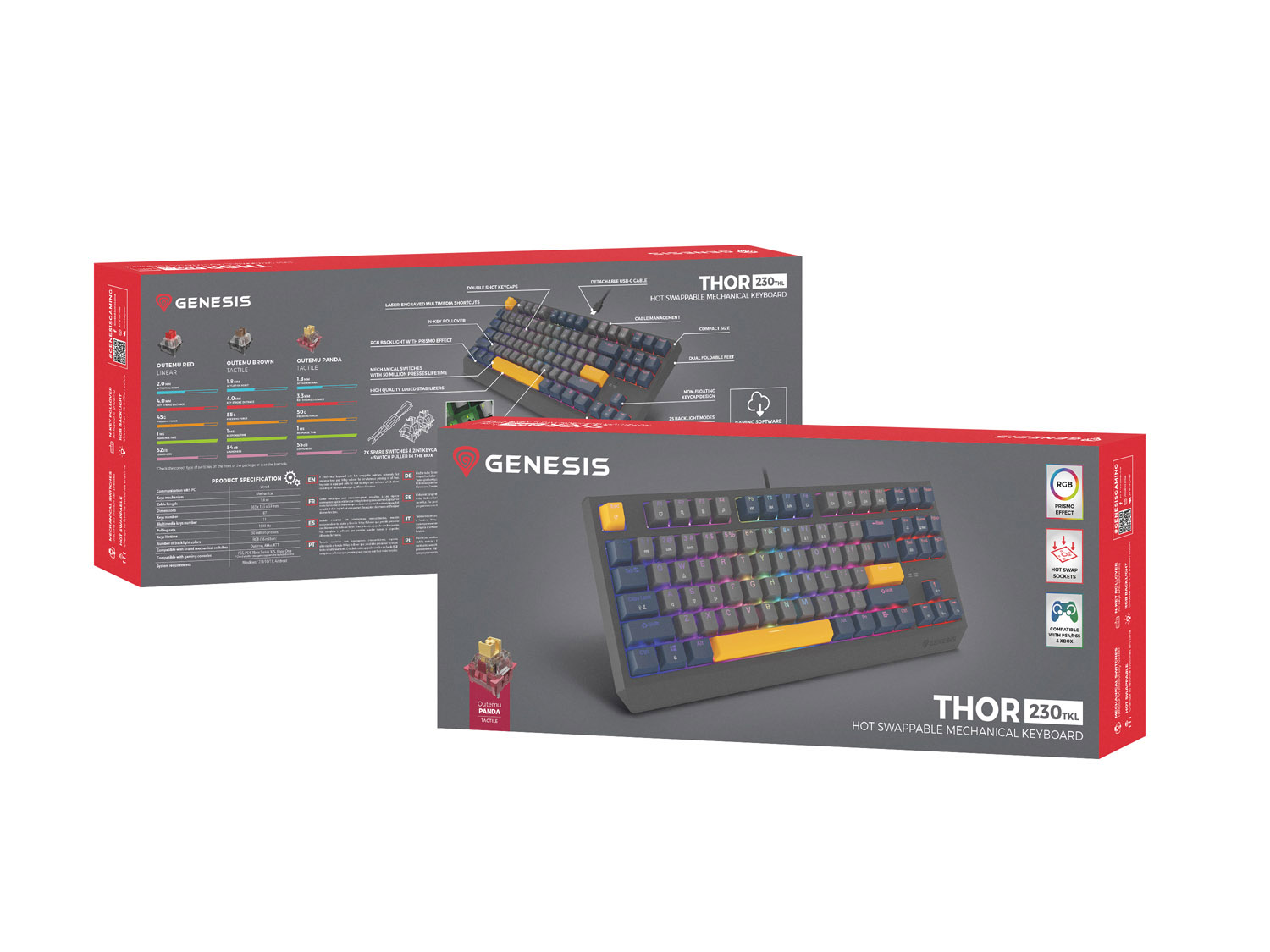 GENESIS herní klávesnice THOR 230/ TKL/ RGB/ Outemu Panda/ Drátová USB/ US layout/ Naval Blue Negative 