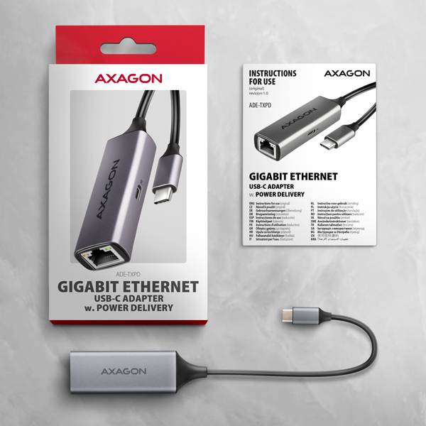 AXAGON ADE-TXPD, USB-C 3.2 Gen 1 - Gigabit Ethernet sieťová karta, Asix AX88179, PD 100W, auto inštal 