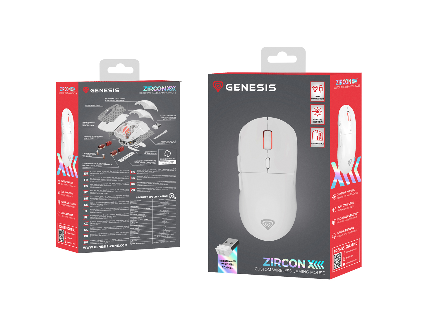 Genesis herná bezdrôtová myš ZIRCON XIII/ Herná/ Optická/ 26 000 DPI/ Bezdrôtové USB/ Biela 