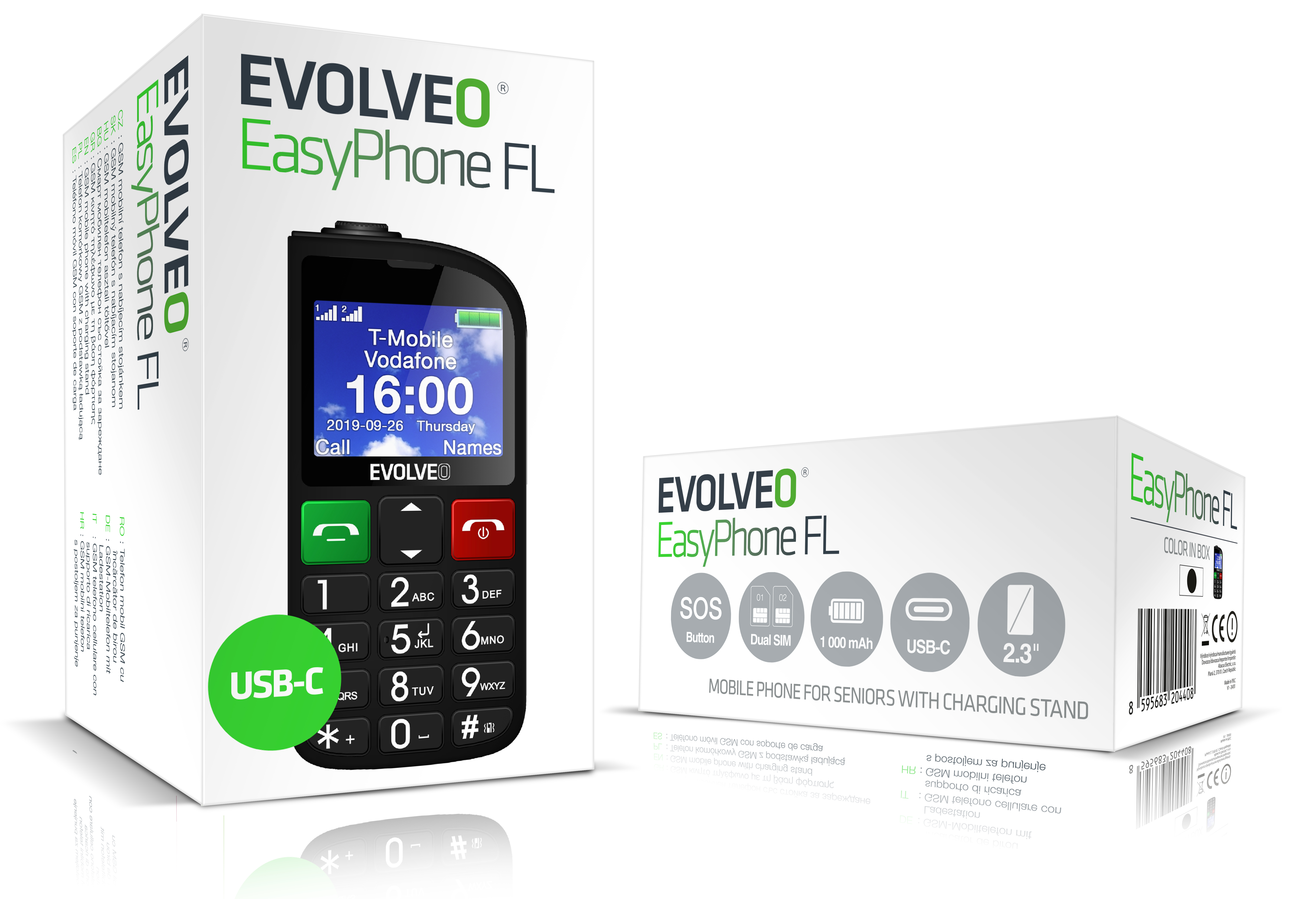 EVOLVEO EasyPhone FL, mobilný telefón pre seniorov s nabíjacím stojanom, čierna 