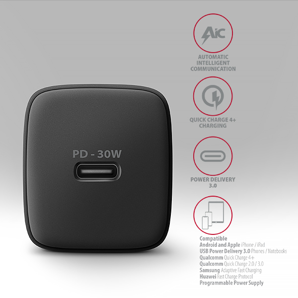 AXAGON ACU-PD30, Sil nabíjačka do siete 30W, 1x port USB-C, PD3.0/ PPS/ QC4+/ SFC/ AFC/ Apple, čierna 